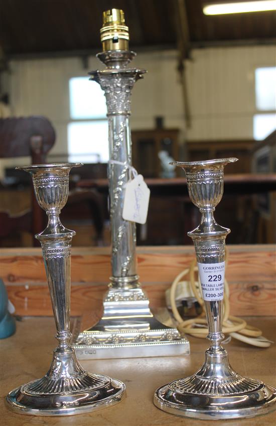 Silver table lamp and 2 smaller silver candlesticks